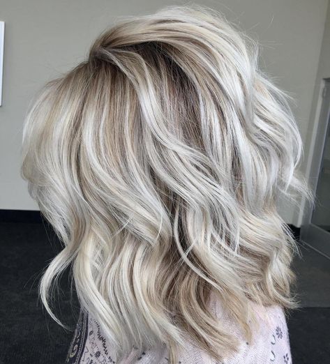 Fall Balayage Blonde Straight Hair, Shoulder Length Hair Platinum Blonde, Silvery Blonde Hair Highlights, Blonde Highlights For Thinning Hair, Medium Blonde Length Haircut, Icy Blonde Hair Bob, Trendy Gray Hairstyles, Shoulder Length Silver Blonde Hair, Best Color For Thinning Hair