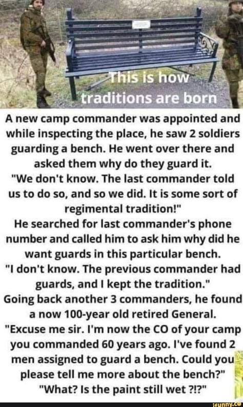 A new camp p commander was 'appointed and while inspecting the place, he saw 2 soldiers guarding a bench. He went over there and asked them why do they guard it… | Stupid funny memes, Military jokes, Funny jokes Military Jokes, Military Memes, Army Humor, Military Humor, Funny Stories, Tumblr Funny, Bones Funny, Funny Laugh, Funny Comics