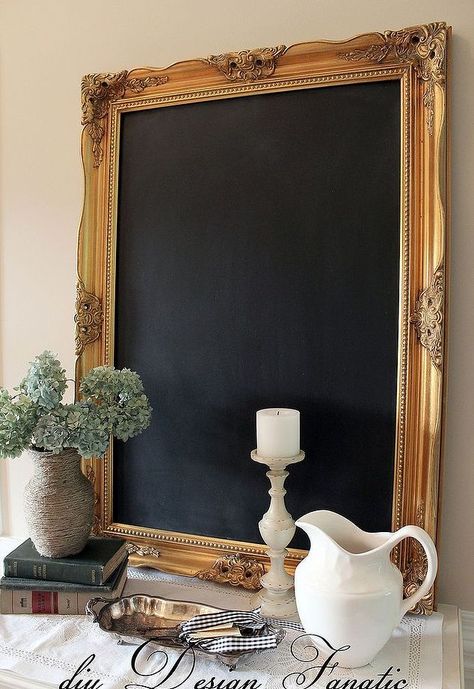 Gold frame and chalkboard Chalkboard Paint Projects, Chalkboard Mirror, Diy Chalkboard Paint, Chalkboard Frame, Chalkboard Projects, Empty Frames, Diy Chalkboard, Framed Chalkboard, Chalkboard Wall