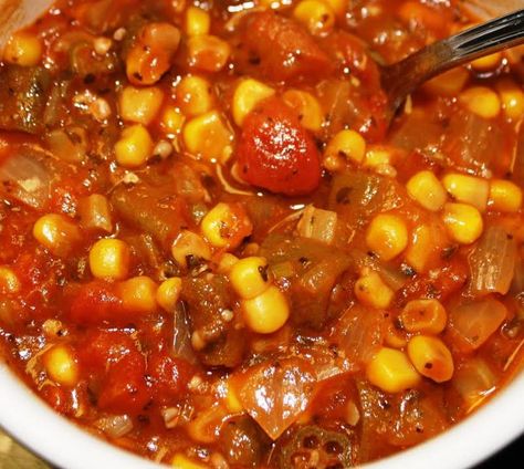 Stewed Okra, Tomatoes & Corn Okra Tomatoes Corn, Smothered Okra, Stewed Okra, Peas And Corn, Corn And Tomato, Okra And Tomatoes, Okra Recipes, Stewed Tomatoes, Corn Recipes