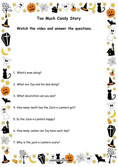 Ejercicio de Halloween - Too Much Candy Story Halloween Worksheets For Kids, Halloween Definition, Story Worksheet, Halloween Quiz, Halloween Vocabulary, Halloween Puzzles, Halloween Word Search, Halloween Worksheets, Halloween Stories