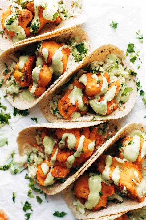 Coliflower Taco Recipe, Califlower Tacos, Califlower Recipes Taco, Crispy Cauliflower Tacos, Breaded Cauliflower Tacos, Tacos Cauliflower, Buffalo Cauliflower Tacos, Tacos With Avocado, Crema Recipe