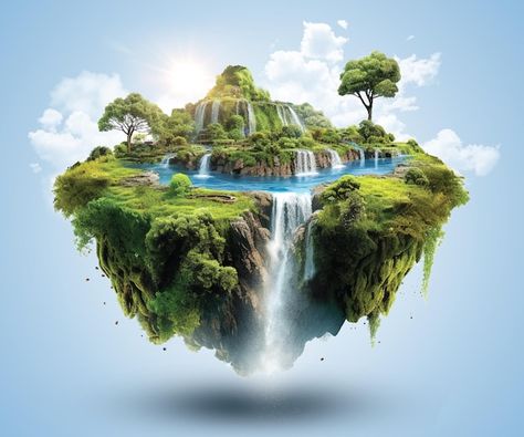 Flying Island Art, Floating Land, 3d Island, Floating Mountains, Flying Island, Fairy Tree Houses, Fairy Garden Plants, Floating Island, Floating City