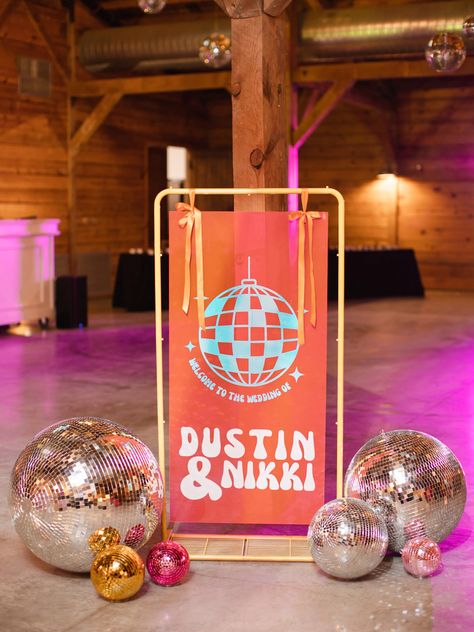 Disco Signage, Colorful Wedding Theme, Disco Ball Wedding, Wedding Streamers, Addison Grove, Retro Wedding Theme, Disco Cowboy, Craft Studios, Disco Wedding