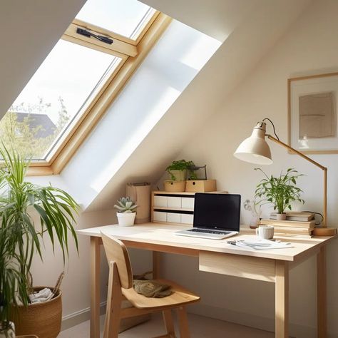 Home_Office_A_compact_attice room Attic Living Room Sloped Ceiling, Slanted Ceiling Office, Small Attic Office, Small Attic Ideas Low Ceilings, Attic Office Space, Small Attic Spaces, Small Attic Room Ideas, Attic Living Room, Low Ceiling Attic