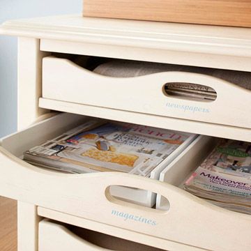 side table with pull out trays for magazines, newspapers, etc. Newspaper Storage, Organized Bedroom, Magazine Storage, How To Store, Declutter Your Home, Organizing Ideas, Paper Organization, Get Organized, Cleaning Organizing