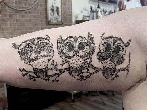 3 Owls Tattoo, Owl Tat, Owl Tattoo Drawings, Cute Owl Tattoo, Vogel Tattoo, Evil Tattoo, Rose Shoulder Tattoo, Remembrance Tattoos, Evil Tattoos