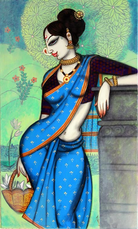 Indian Traditional Paintings, Modern Indian Art, Saree Painting, Indian Art Gallery, Indian Painting, Soyut Sanat Tabloları, Madhubani Art, Women Painting, Female Art Painting