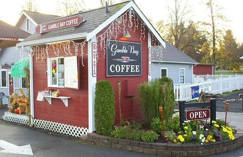 Gamble Bay Coffee often has customers come through the drive-through on horse back.  (360) 297-4787. Shed Coffee Shop, Drive Thru Coffee Stand, Coffee Shack, Backyard Cafe, Coffee Kiosk, Snow Cone Stand, Drive Thru Coffee, Petting Farm, Red White And Brew