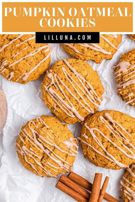 Pumpkin Oatmeal Cookies are filled with cinnamon, perfect pumpkin flavor and a sweet glaze to top it off. They are perfect for fall! #pumpkinoatmealcookies #oatmealcookies #pumpkinrecipes #cookies #pumpkinoatmealcookies Healthy Pumpkin Recipes Low Calories, Low Calorie Pumpkin, Healthy Pumpkin Spice Latte, Vegan Pumpkin Cookies, Maple Icing, Oatmeal Cookie Recipe, Pumpkin Oatmeal Cookies, Pumpkin Recipes Healthy, Seasonal Eating