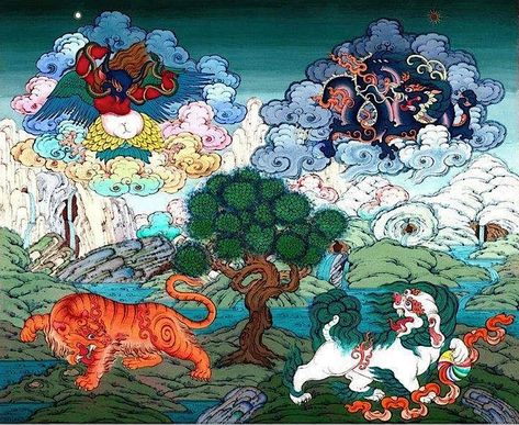 Mongolian Pattern, Tibetan Dragon, Art And Drawing, Snow Lion, Buddhist Art Drawing, Buddhist Practices, Dragon Rise, National Animal, Pichwai Paintings