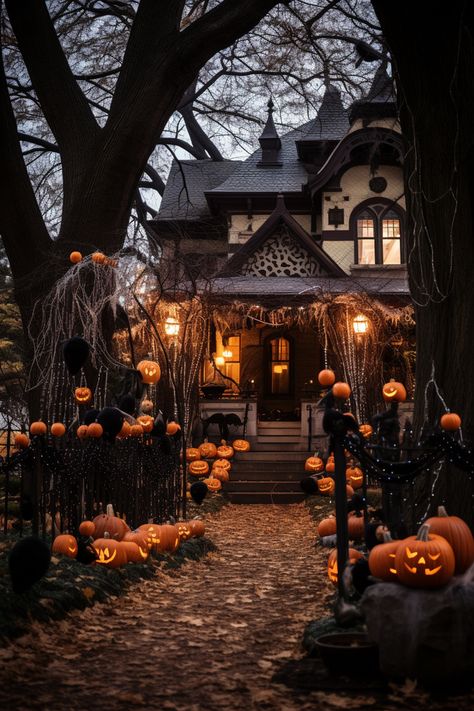 Halloween Decor Exterior House, Traditional Halloween Aesthetic, Return To Halloweentown Aesthetic, House Decorated For Halloween Exterior, Halloween Victorian House, Halloween Home Aesthetic, Gothic Halloween Aesthetic, Halloween House Aesthetic, Spooky Home Aesthetic