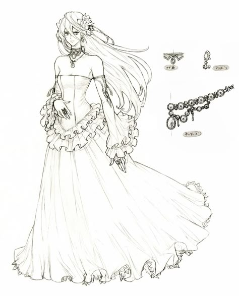 Calista Dress Sketch - The Last Story Art Gallery Wedding Dress Concept Art, Wedding Dress Reference, Kimihiko Fujisaka, Calista Dress, Wedding Dress Drawing, Art Is Dead, The Last Story, Dress Sketch, Cat Drawing Tutorial