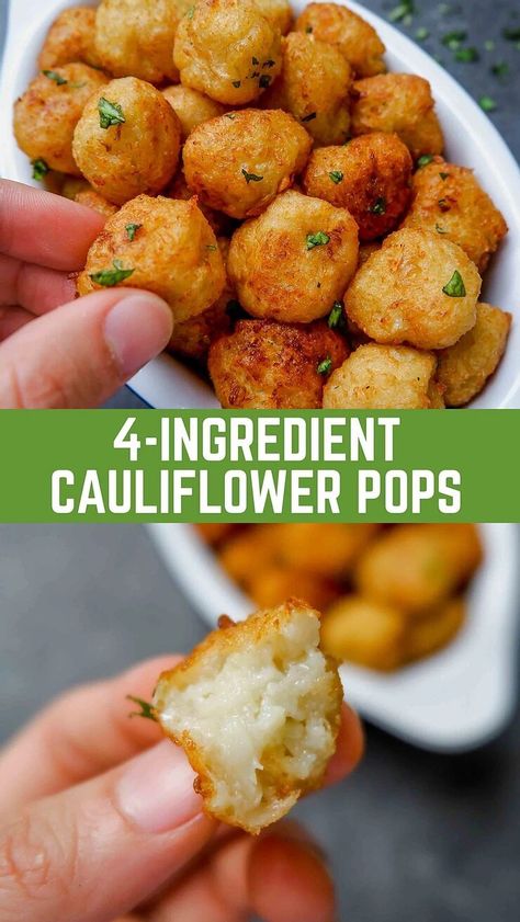 4-Ingredient Cauliflower Pops (Vegan Recipe) - The Foodie Takes Flight Resep Vegan, Vegan Cauliflower Recipes, Vegan Finger Foods, Vegan Cauliflower, Tater Tots, Tasty Vegetarian Recipes, 4 Ingredient, Idee Pasto Sano, Vegan Recipe