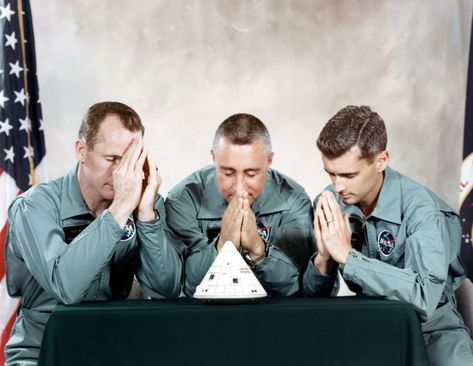 The Apollo 1 crew, Ed White, Gus Grissom, and Roger Chaffee, jokingly pray to a model capsule in a mock crew portrait on April 1, 1966 in Houston, Texas Gus Grissom, Apollo 9, Apollo Spacecraft, Apollo 16, Apollo Space Program, Project Mercury, Nasa History, Lunar Landing, Apollo 1