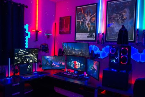 Looking for lighting ideas for your home office? We got you covered with a full guide and product IDs! // Image by u/dogofpavlov Led Lights Strip Ideas, Video Game Room Ideas, Game Room Ideas, Game Room Signs, Studera Motivation, Gamer Setup, Star Wars Room, Pc Gaming Setup, Video Game Rooms