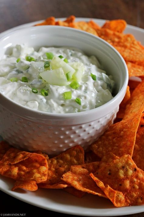 This refreshing dip is great for a hot weather get together. There is a great crunch that comes from the cucumber, and a smoothness from the sour cream. Crunchy and smooth at the same time… I’m not sure how that works but it does! This dip doesn’t have a ton of seasonings, just the basics... Dorito Dip Recipe, Dorito Dip, Cucumber Dip, Salad Recipes For Dinner, Yummy Dips, Dip Recipe, Appetizer Dips, Dip Recipes, Yummy Appetizers