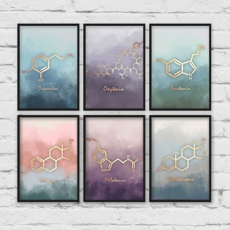 Six Print set Dopamine Molecule Art, Metallic Packaging, Dopamine Molecule, Molecule Art, Serotonin Molecule, Chemistry Art, Chemistry Gifts, Classroom Art, Unique Art Prints