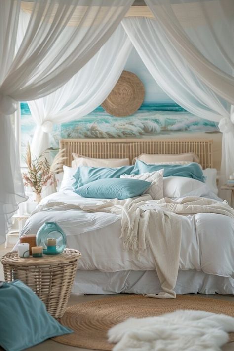 Hunter Bedroom Ideas, Oceancore Room, Beach Boho Bedroom, Hunter Bedroom, Greek Style Home, Boho Coastal Bedroom, Light Blue Bedroom, Ocean Room Decor, Ocean Bedroom