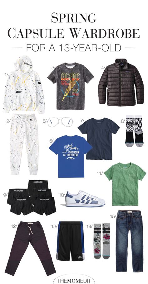 Tween Fashion: Spring Capsule Wardrobe For A 13-Year-Old | The Mom Edit Boys Fashion 2023, Toddler Boy Capsule Wardrobe, Toddler Capsule Wardrobe, 13th Birthday Boys, Boys School Outfits, Creating A Capsule Wardrobe, Boy Styles, Mom Edit, Boys Summer Fashion