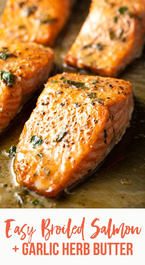 Broiled Salmon Recipes, Broiled Salmon, A Spicy Perspective, Garlic Herb Butter, Salmon Filet, Garlic Recipes, Salmon Recipe, Garlic Herb, Herb Butter