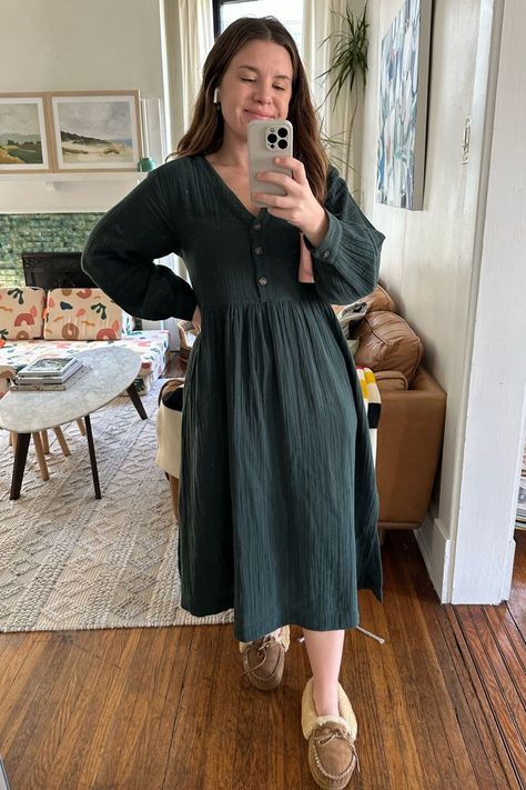 Need an easy winter outfit idea? Say hello to this adorable V-neck button-front midi dress! Not only is it cute and comfy, but it's also super versatile. Whether you're running errands or going out for a casual dinner, this dress has got you covered. And the best part? It's got pockets and is nursing friendly! Don't miss out on this must-have addition to your wardrobe – you won’t regret it! Lucky Andi. Winter Outfits: Button Front Midi Dress Cotton Maternity Dress Nursing Friendly, Postpartum Winter Outfits, Cotton Button-up Winter Dress, Postpartum Dress, Fitted Long Sleeve Nursing-friendly Dress, Postpartum Style, Postpartum Dresses, Long Sleeve Nursing-friendly Maternity Dress For Spring, Nursing Friendly Outfits