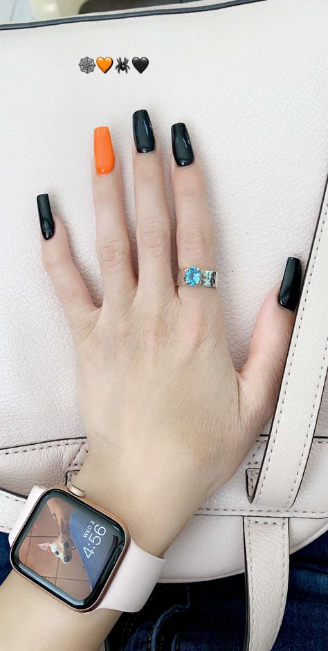 Black And Neon Orange Nails, Orange And Black Gel Nails, Black And Orange Acrylic Nails, Orange And Black Nails Acrylic, Black And Orange Nails Acrylic, Halloween Nails Orange And Black, Black Orange Nails, Halloween Nails Black And Orange, Nails Black And Orange