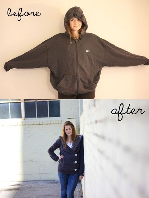 DIY big-to-smaller hoodie | hoodie refashion | how to refashion a hooded sweatshirt | diy hoodie refashion | sewing a hoodie | diy sewing tips || See Kate Sew #hoodierefashion #sewingtutorial #sewingtips Gamle T Shirts, Meme Costume, Sweatshirt Refashion, Hoodie Refashion, Diy Sweatshirt, Diy Vetement, Costura Diy, Kleidung Diy, Ropa Diy