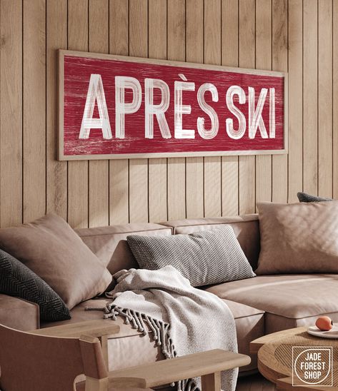 Upgrade your winter decor with our faux weathered wood "APRES SKI" sign. The vintage lettering and distressed texture effortlessly infuse modern farmhouse style. Embrace après-ski vibes and make a statement in your space, blending nostalgia with contemporary design for the perfect winter touch. Available printed on canvas, paper, or aluminum, framed or unframed, these make wonderfully thoughtful gifts! SIZES: 24" x 8", 36" x 12", 48" x 16", 60" x 20", or 72" x 24" MATERIALS: CANVAS -- Printed on Ski House Decor Interiors, Ski Chalet Decor, Long Horizontal Wall Art, Ski Vibes, Ski Sign, Ski Lodge Decor, Custom Wedding Decor, Horizontal Wall Art, Website Ideas