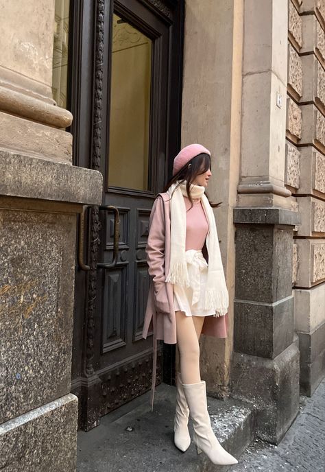 Pink Outfit Winter Aesthetic, Winter Aesthetic Dress Outfit, All Pink Summer Outfit, Cute Aesthetic Pink Outfits, Paris Aesthetic Outfit Winter, Hyper Girly Outfits, Cute Outfit Girly, Pink Paris Outfit, Feminine Rainy Day Outfit