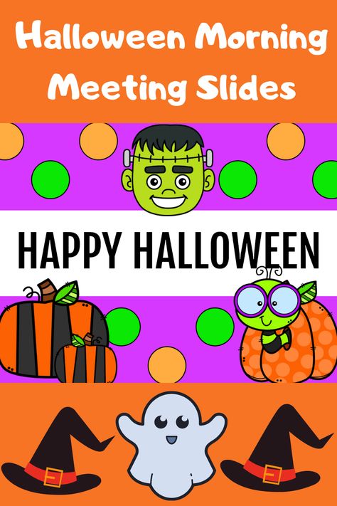 Morning Meeting is my favorite time of day, and these slides work great for in-person and virtual teaching. The Halloween theme is a perfect way to get students in the mood to celebrate. This product includes: Title Page Morning Greeting Slide Morning Share Slide 5 Morning Activities Morning Message BONUS: Spooky dance party song! 5 extra template slides Distance learning, remote learning, morning meeting, responsive classroom, Halloween, october Halloween Morning Meeting, Halloween Morning, Morning Meeting Slides, Classroom Halloween, Virtual Teaching, Responsive Classroom, Morning Activities, Party Songs, Morning Message