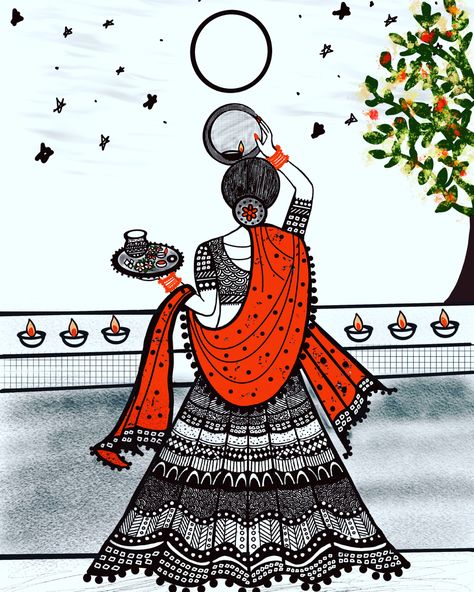 #karwachauth #love #bonding #indiantraditionalwear Karwachauth Drawings, Karva Chauth Drawing, Karwa Chauth Drawing, Shading Drawing, Peacock Decor, Fashion Illustration Sketches Dresses, Peacock Painting, Poster Drawing, Photo Sketch