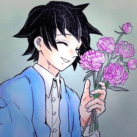 Giyu Hair Down, Giyuu Short Hair Manga, Giyu Smiling, Giyuu Short Hair, Giyuu Smiling, Giyuu Manga Icon, Tomioka Pfp, Giyu Pfp, Giyuu Tomioka Icon