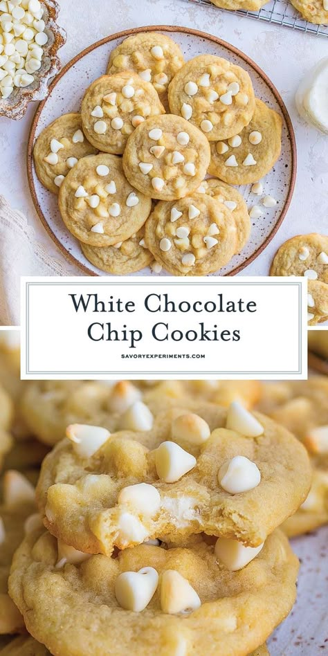 With crispy edges, soft centers, and loads of white chocolate chips these EASY White Chocolate Chip Cookies are totally over the top! White Chocolate Sprinkle Cookies, Best White Chocolate Chip Cookies, Homemade White Chocolate Chip Cookies, Easy White Chocolate Chip Cookies, Christmas Cookies White Chocolate, White Chocolate Chip Desserts, White Chocolate Chip Recipes, Chocolate Cookies With White Chips, White Chocolate Chip Cookie Recipe