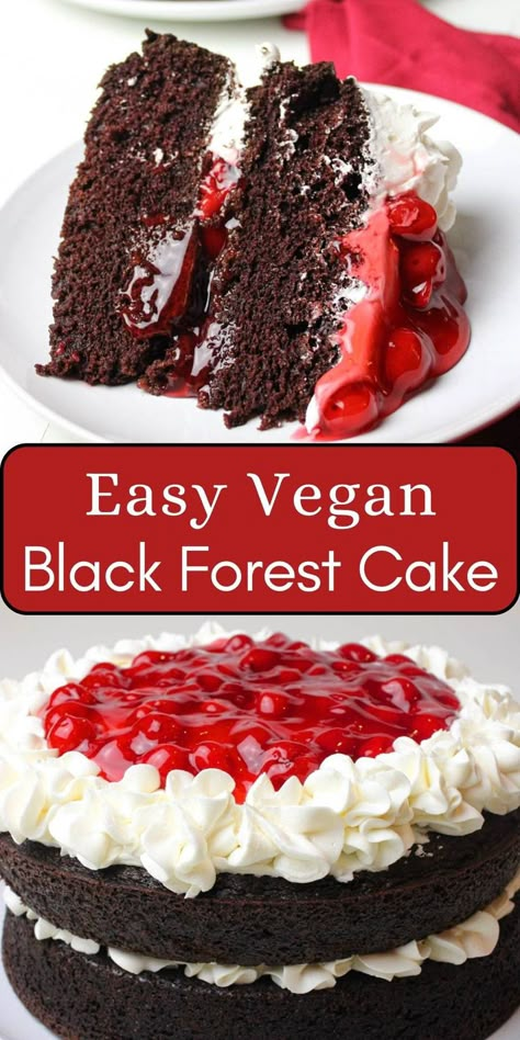 A decorated black forest cake on a white plate. Vegan Black Forest Cake, Vegan Cherry Desserts, Forest Cake Ideas, Christmas Desserts Vegan, Vegan Black Forest, Vegan Christmas Cake, Canned Cherry Pie Filling, Dessert Recipes From Scratch, Canned Cherry Pie