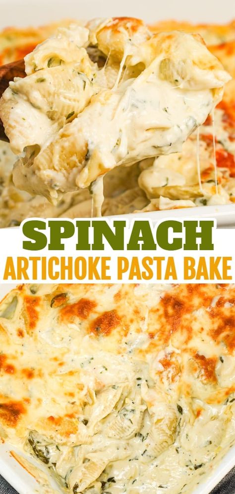 Spinach Cheese Pasta, Recipes Using Artichoke Hearts, Spinach Artichoke Ravioli Bake, Spinach Artichoke Stuffed Shells, Artichoke Casserole Recipes, Recipes With Artichoke Hearts, Artichoke Pasta Recipes, Chicken Spinach Artichoke Casserole, Vegetarian Potluck Recipes