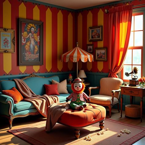 Circus living room Carnival Bedroom, Circus Room Decor, Circus Themed Bedroom, Circus House, Circus Bedroom, Circus Room, Circus Aesthetic, Circus Theme, Play Room