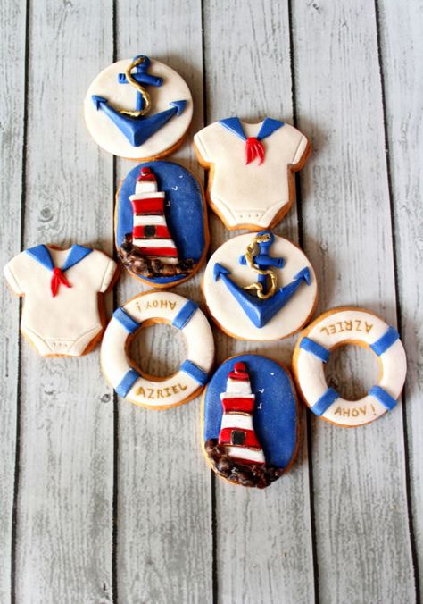 Nautical Nautical Baby Shower Food, Whale Cookies, Baby Shower Sugar Cookies, Sailor Baby Showers, Mickey Baby Showers, Onesie Cookies, Sailor Baby, Deco Marine, Ahoy Its A Boy