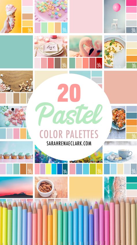 20 Pastel Color Palettes - Color Inspiration and Color Schemes Best Pastel Color Combination, Sarah Renae Clark Color Palettes, Color Catalog Colour Palettes, Bakery Color Schemes, Easter Color Palette 2024, Paint Palette Aesthetic, Art Color Combinations, Pastel Color Wheel, Kids Color Palette