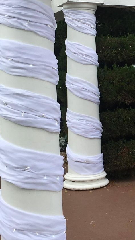 Pillar Draping Wedding, Wrapped Columns, Photobooth Idea, Gate Event, Valentines Dance, Column Wrap, White Drapery, Wedding Doors, Wedding Planning Decor