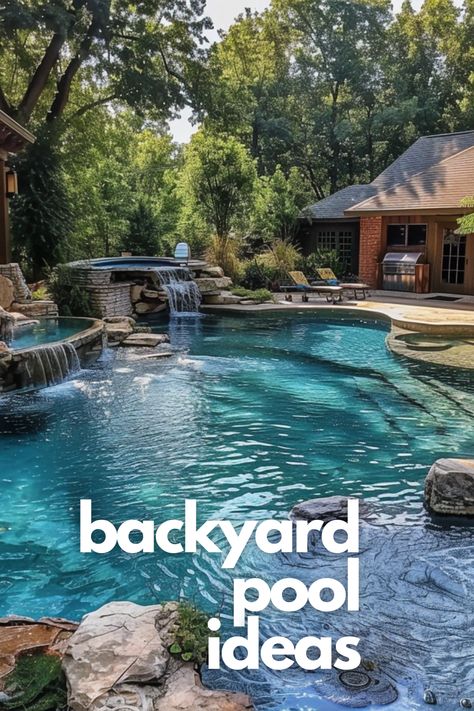 Harmonize your outdoor space with natural pool designs. These backyard ideas emphasize eco-friendly, chemical-free pools that blend beautifully with your garden landscape. Natural Pond Pool Backyards, Natural Pool Designs, Natural Pools Backyard Swimming Ponds, Natural Pool Ideas, Natural Swimming Pool Designs, Swimming Pool Landscaping Ideas, Natural Backyard Pools, Pool Waterfall Ideas, Swimming Pool Cocktail