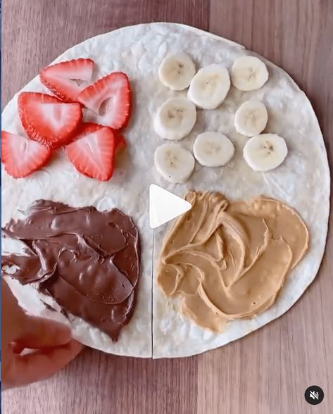 The dessert version of the viral tortilla hack trend. Nutella, strawberries, bananas and creamy peanut butter. So good! Banana Peanut Butter Wrap Tortillas, Banana Peanut Butter Tortilla Wrap, Strawberry Banana Nutella Tortilla, Peanut Butter Quesadilla, Tortilla Banana Peanut Butter, Peanut Butter Banana Quesadilla, Breakfast Quesadilla Tiktok, Nutella Wraps Tortillas, Peanut Butter Banana Tortilla