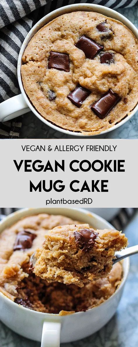 Vegan Cookie Mug Cake (vegan, dairy free, & egg free) – Plant Based RD Cookie Mug Cake, Mug Cake Vegan, Healthy Vegan Dessert, Cookie Mug, Vegan Mug Cakes, Dairy Recipes, Cookie In A Mug, Vegan Cookie, Vegan Baking Recipes