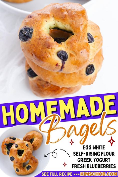 Try these 3 ingredient blueberry bagels, a homemade bagel studded with blueberries. This is a great breakfast recipe, brunch, or dessert. If you are looking for a tasty blueberry bagel recipe try this recipe today. 2 Ingredient Blueberry Bagels, 3 Ingredient Blueberry Bagels, 3 Ingredient Bagels Air Fryer, How To Make Homemade Bagels, Blueberry Bagels Recipe Homemade, Blueberry Bagel Recipe, 3 Ingredient Bagels, 2 Ingredient Bagels, Blueberry Bagels