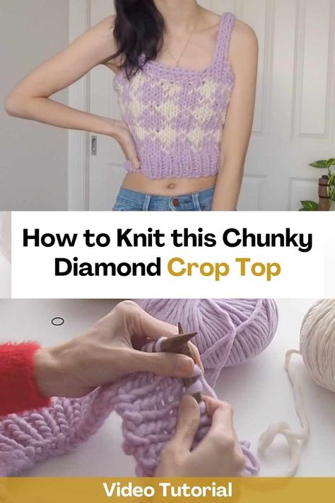 Learn how to knit this diamond crop top by watching this video tutorial. You just need to know how to knit, purl, 1x1 rib, circular, finish off some color work. The creator of this video will teach you step by step how to make this cop top so that your knitting results look incredible. You can get creative and combine the yarn colors that you like the most. Knitting is a great way to entertain yourself, relax and pass the time. Start this knitting project and you will see that you will not... How To Knit A Top, Knit Crop Top Pattern, Crop Top Pattern, Knit Purl, Stylish Scarves, Learn How To Knit, How To Knit, Knit Crop, Knit Crop Top