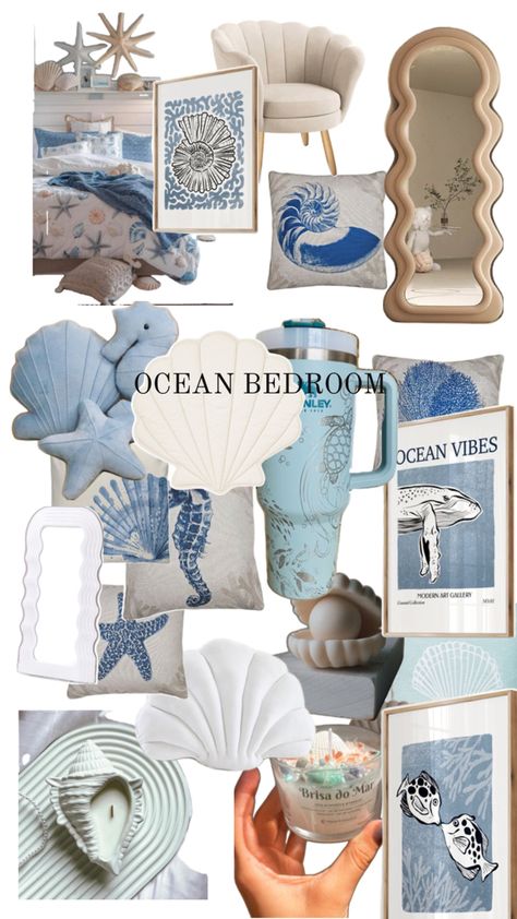 Sea Salt Room Ideas, Sea Aesthetic Room Decor, Sea Salt Sand Bedroom, Sea Salt And Sand Room, Greece Themed Bedroom, Ocean Room Asthetics, Sea Salt Sand Room, Sea Salt Bedroom, Blue Room Decor Ideas