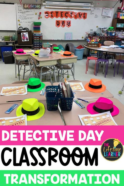 After School Club Room Layout, Quick Classroom Activities, Mystery Classroom Transformation, Kindergarten Detective Activities, Escape Room Classroom Elementary, Detective Day At School, Detective Day Room Transformation, 3rd Grade Escape Room, Classroom Mystery Activity