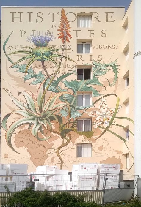 Mona Caron – Histoire des plantes Mona Caron Murals, French Mural, Exterior Murals, 3d Wallpaper Cute, Interior Murals, Garden Mural, Wall Street Art, Flower Mural, Versailles France