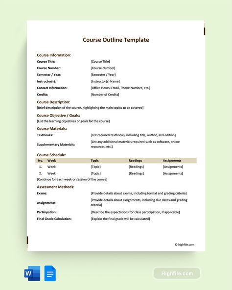 Course Outline Template - Word | Google Docs - Highfile Course Outline Template, Essay On Independence Day, Course Outline, Outline Template, Course Schedule, Essay Template, Writing Challenge, College Essay, Learning Objectives