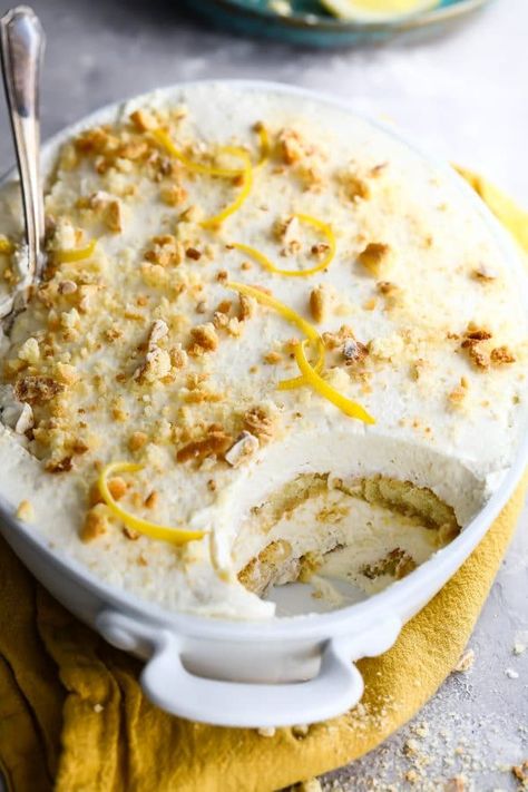 A light and no-bake lemon tiramisu cake is a perfect choice for a summer dessert! With lady fingers dipped in lemonade instead of coffee this is amazing! #tiramisu #cake #lemon #summer Instead Of Coffee, Lemon Tiramisu, Cake Lemon, Tiramisu Cake, Tiramisu Recipe, Kinds Of Desserts, Lady Fingers, Sugar Sugar, Lemon Desserts